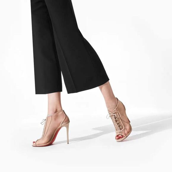 Christian Louboutin Open Ondessa 100 Nude Mesh Lace Up Tie Ankle Heel Bootie 40 - Picture 3 of 12